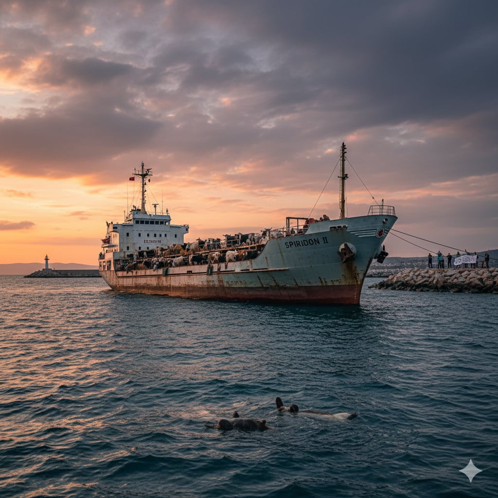 Una impactante imagen del carguero Spiridon II, cargado con ganado uruguayo, varado en aguas turcas. La fotografía captura la magnitud de la situación, destacando la prolongada espera de los animales y la tensión diplomática entre Uruguay y Turquía por supuestas irregularidades en la documentación. Se observa el barco en un entorno marítimo al atardecer, reflejando la complejidad del conflicto comercial y el llamado de organizaciones por el bienestar animal.