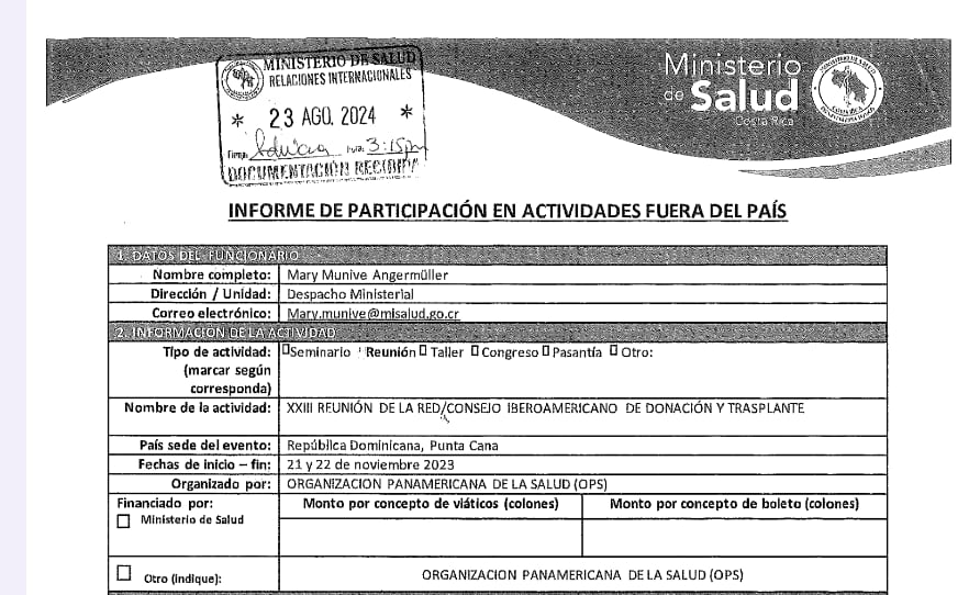 Este es uno de los informes que entregó la ministra de Salud, Pese a que el viaje lo realizó el año pasado, entregó el informe en agosto del 2024. Captura de pantalla.
