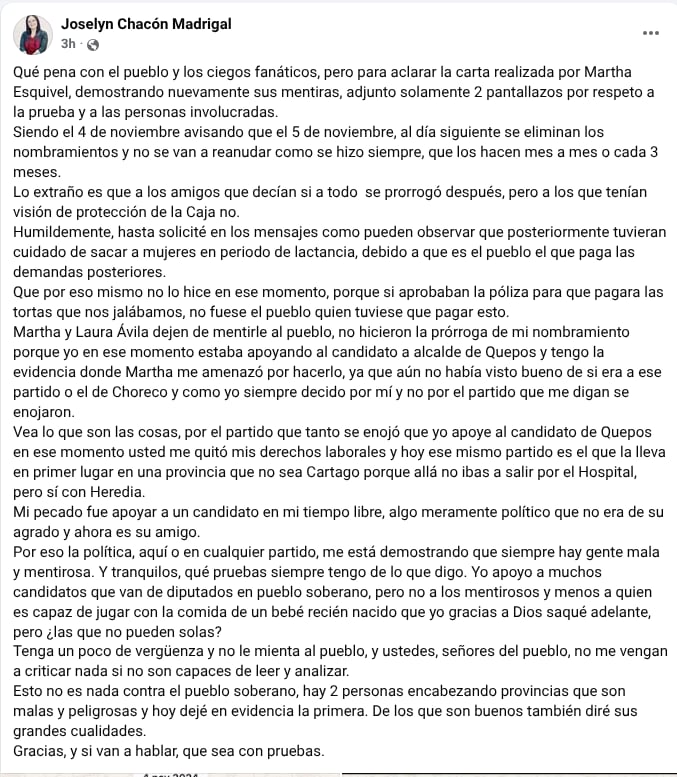 La exministra de Salud, Joselyn Chacón, arremetió contra Marta Esquivel después de que se diera a conocer su candidatura como diputada con el PPSO.
