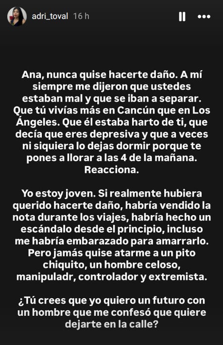 Publicaciones de Adriana Toval contra Ángel Muñoz esposo de Ana Bárbara.