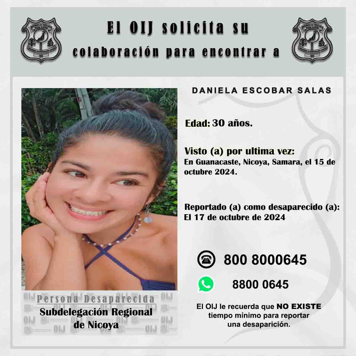 Daniela Escobar Salas fue vista por última vez la noche del martes 15 de octubre anterior y desde entonces su paradero es incierto y sus allegados están desesperados en dar con ella. Foto: OIJ