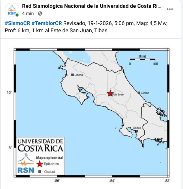 Reporte sismo de lunes 19 de enero 2026, según la Red Sismológica Nacional