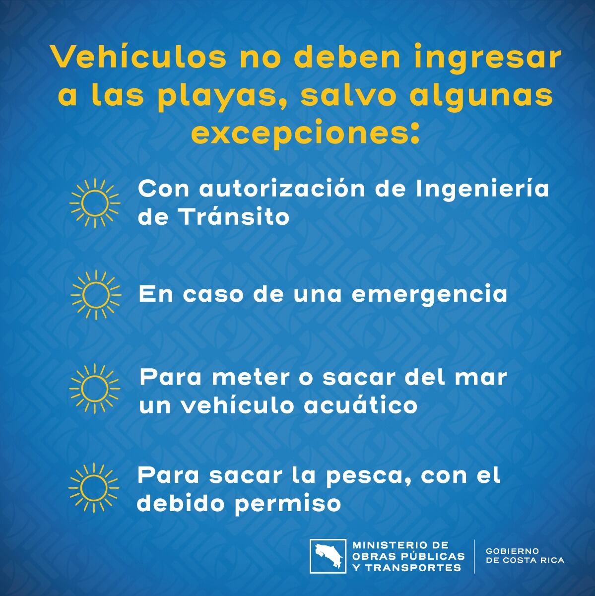 Ante la masiva llegada de vacacionistas a las playas del país por el descanso de Semana Santa, el Ministerio de Obras Públicas y Transportes (MOPT) recordó a los conductores la multa que le aplicarán si mete el carro a la playa sin autorización.