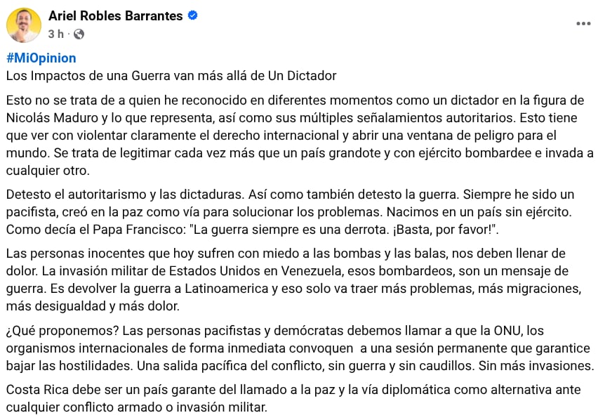 Ariel Robles, candidato presidencial por el Frente Amplio, publicó su opinión sobre la captura de Nicolás Maduro en sus redes sociales oficiales.