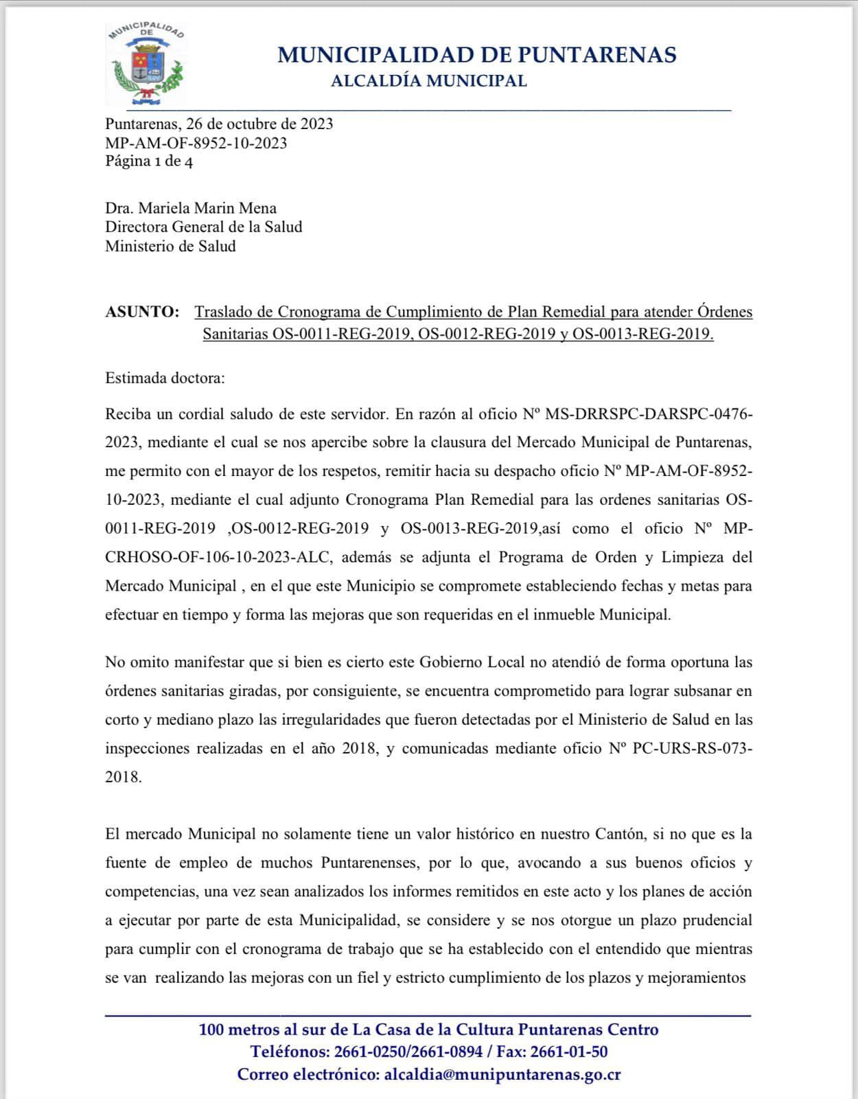 Alcalde de Puntarenas Wílber madriz presentó plan remedial al Ministerio de Salud para evitar el cierre del mercado.