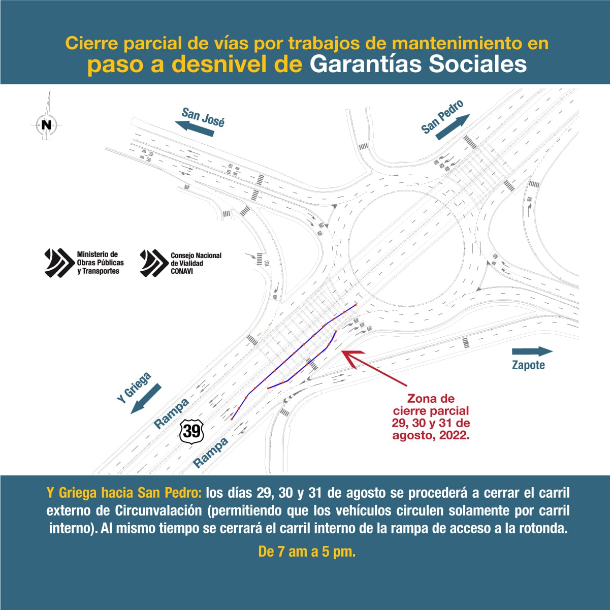 Desde este 29 de agosto la rotonda de las Garantías Sociales, va a tener un carril cerrado, según confirma el ministerio de Obras Públicas y Transportes (Mopt).