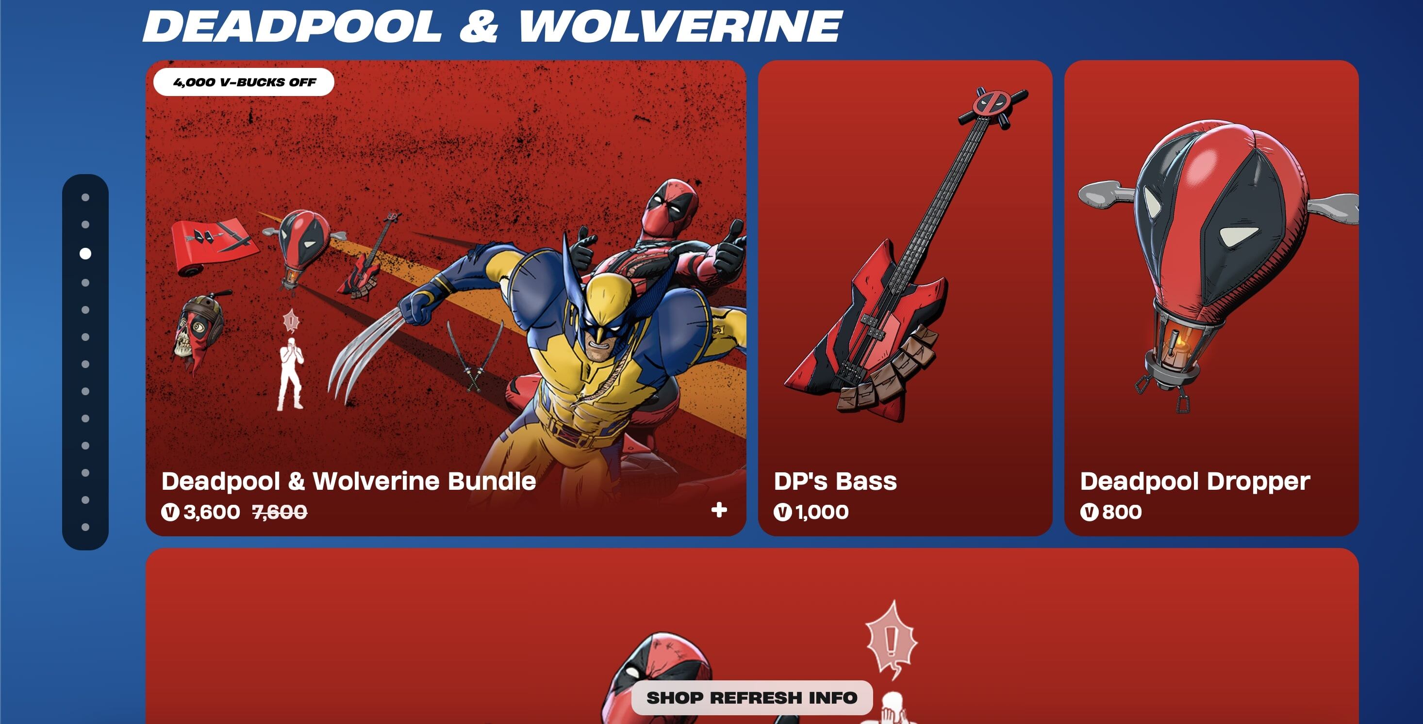 La tienda web de Fortnite incluye algunos de los cosméticos más populares del momento como los de Deadpool y Wolverine. Foto: captura de pantalla.
