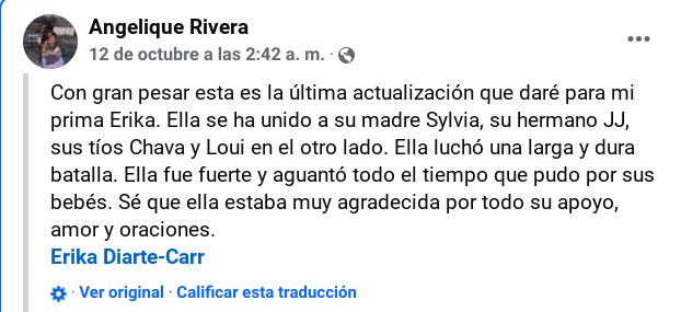 Esta fue la publicación realizada por Angelique Rivera en Facebook.
