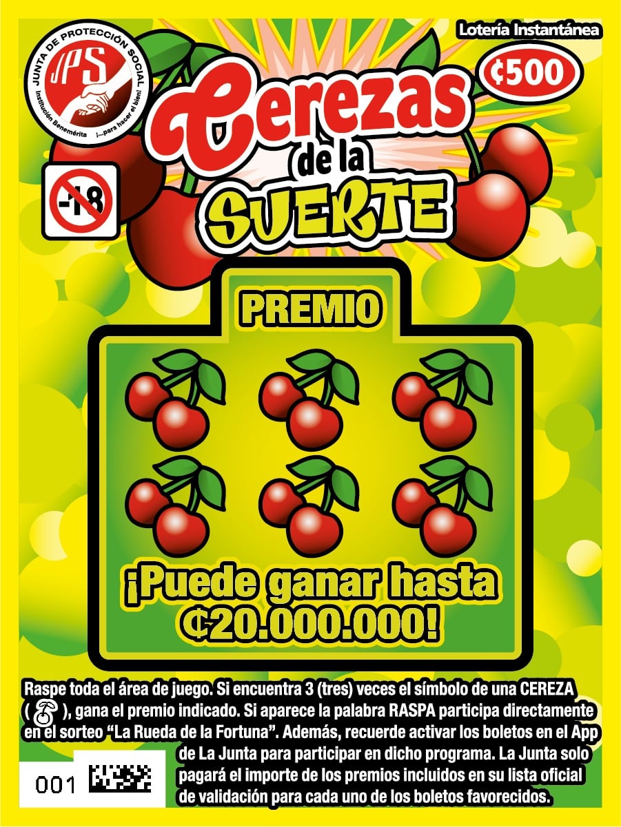La Junta de Protección Social (JPS) ha confirmado que en cualquier parte del país se pueden comprar estas recién llegadas Loterías Instantáneas: Cereza de la Suerte y Árbol del Dinero. Ese es el nombre de las nuevas raspaditas que tienen como premio mayor, cada una, 20 millones de colones.