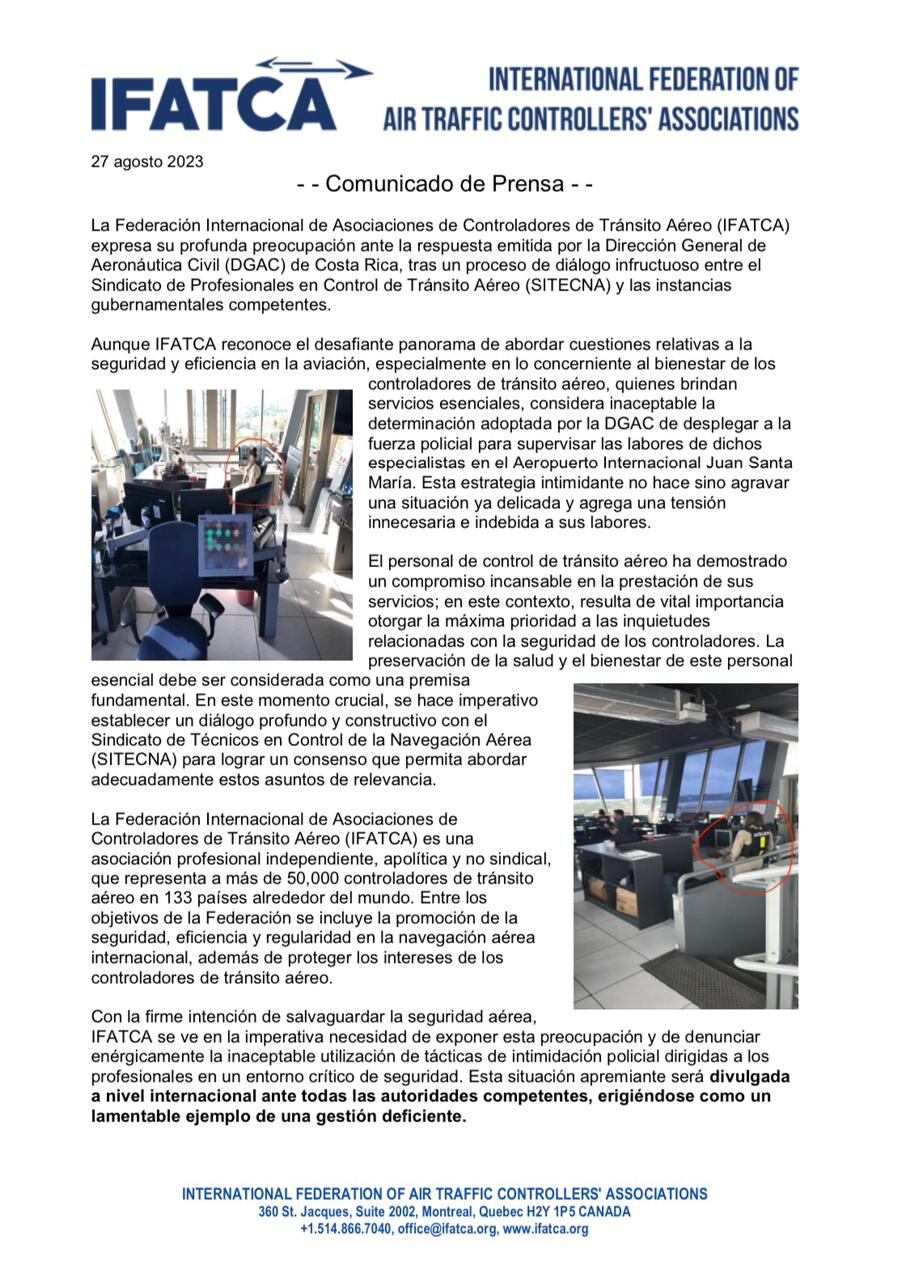 Este es el comunicado que envió la Federación Internacional de Asociaciones de Controladores de Tránsito Aéreo (IFATCA, por sus siglas en inglés).