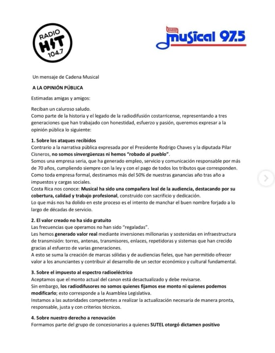 Radio Musical también emitió un nuevo comunicado para defenderse de los señalamientos hechos por el gobierno y para pedir la renovación de sus frecuencias.