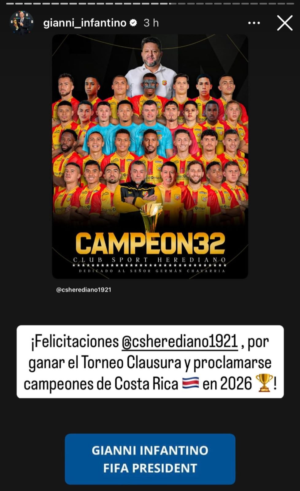 Giani Infantino, presidente de FIFA, felicitó al Herediano por su título de campeón nacional en Costa Rica.
