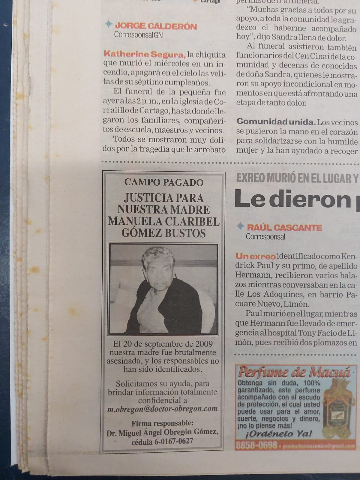 La familia de Claribel Gómez Bustos cancelaba Campos Pagados en los periódicos pidiendo justicia por el homicidio de ella. Foto: Archivo LT