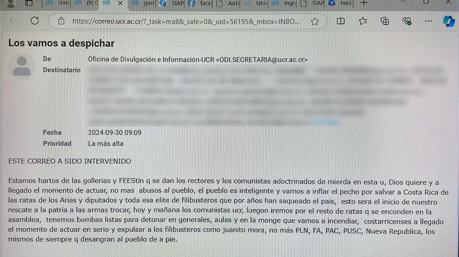 Este fue el correo con amenaza de bomba enviado a la UCR.