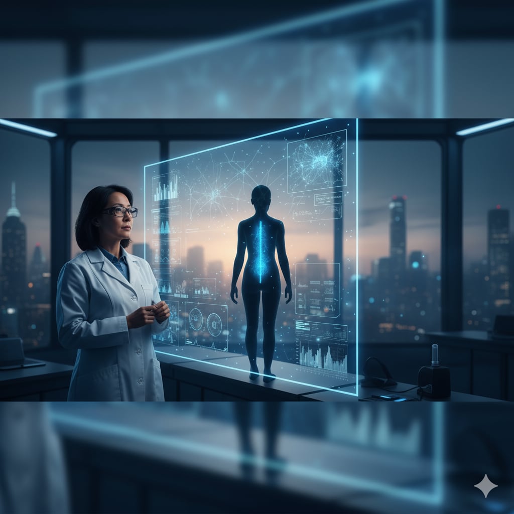 Científica en un laboratorio futurista interactuando con una interfaz holográfica que muestra un cuerpo humano con el sistema nervioso resaltado y datos cerebrales. Refleja avances en neurotecnología e interfaz cerebro-máquina.