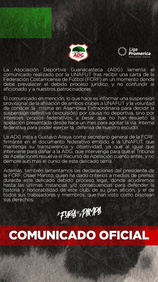 Guanacasteca reprochó el comunicado de la Unafut sobre la suspensión de su licencia.