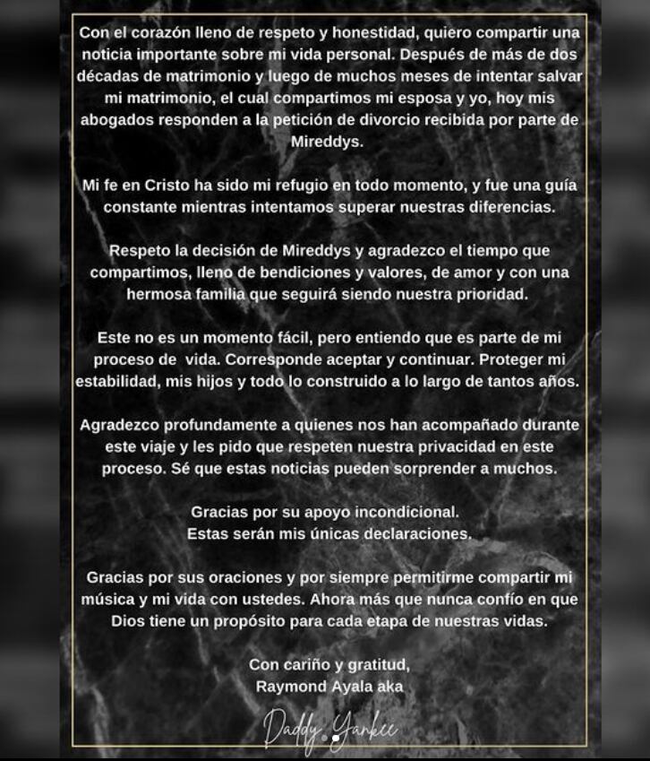 Daddy Yankee confirma su divorcio