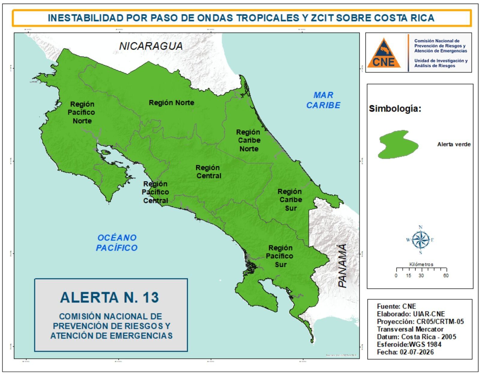 La CNE declaró alerta verde para todo Costa Rica por el aumento de las lluvias y los fuertes vientos.