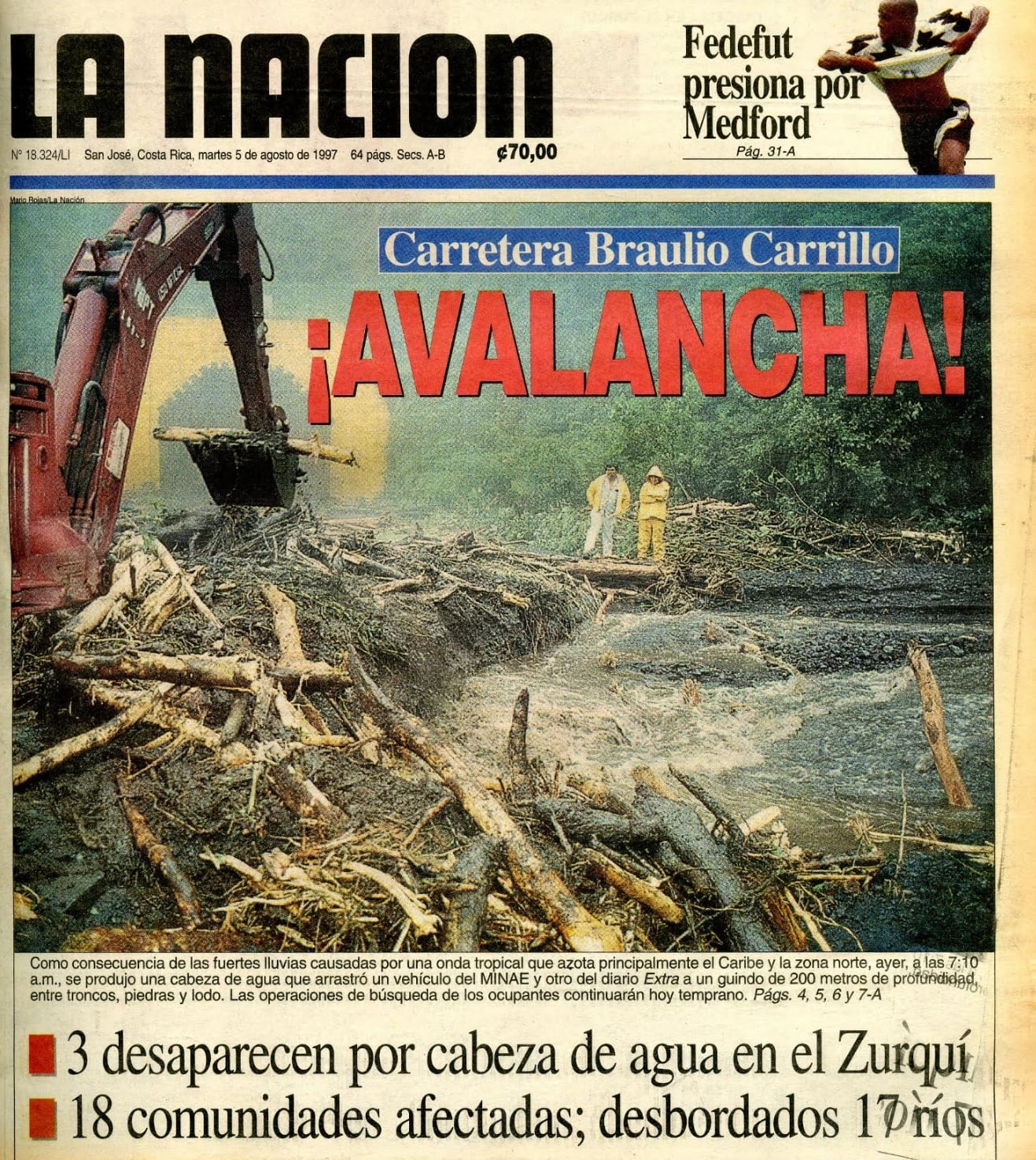 Novelón fallecidos cabeza de agua en el Zurquí en 1997. Foto Archivo.