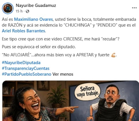 Diputada oficialista Nayuribe Guadamuz publicó en redes sociales un posteo que llama a “reventar el marco del hocico” a exdiputado Ariel Robles