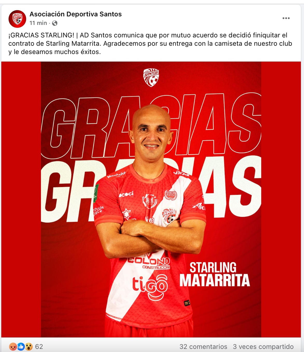 AD Santos y Starling Matarrita finiquitaron su contrato. Foto: Captura de pantalla.