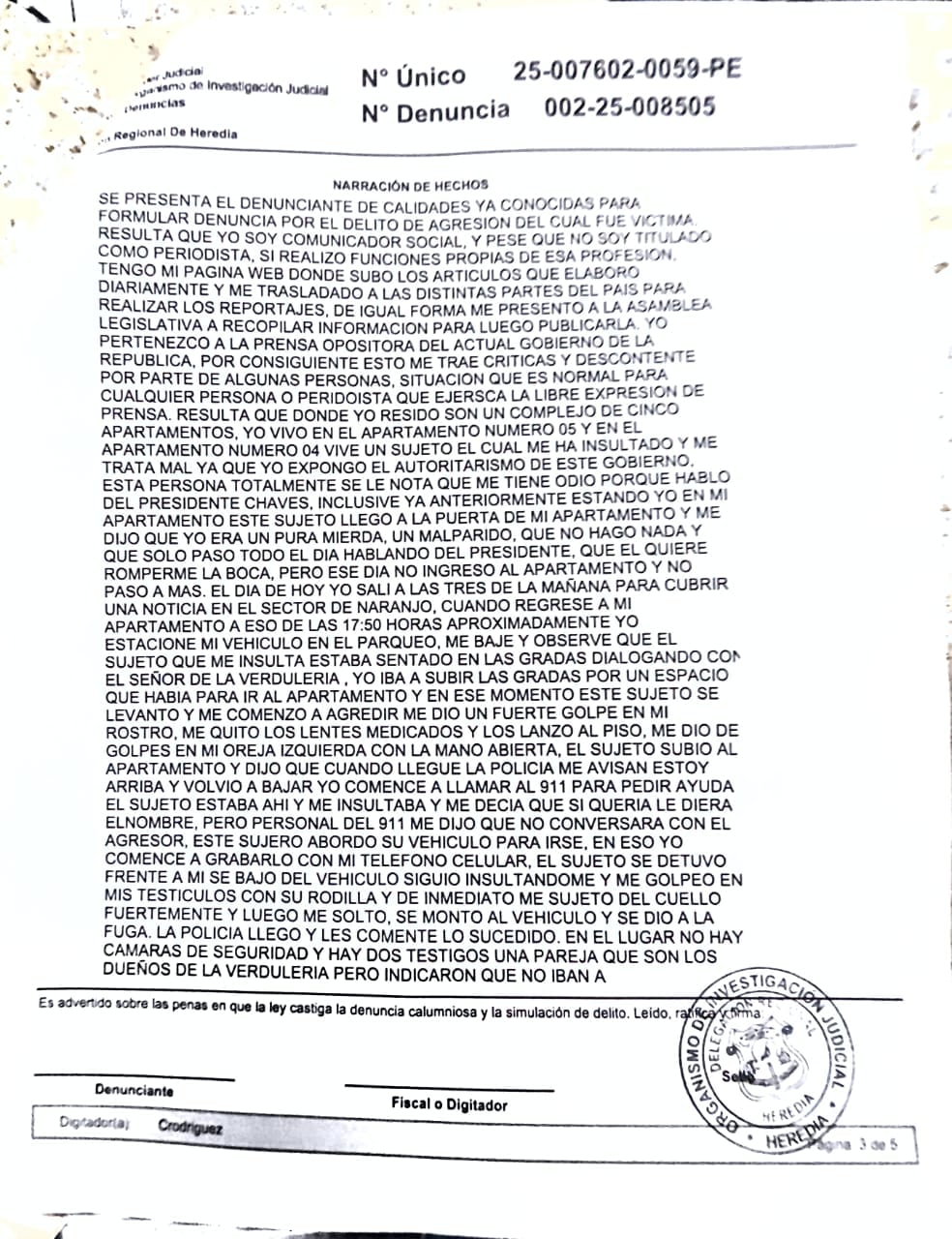 Seguidor de Rodrigo Chaves habría atacado a comunicador de radio Zurquí