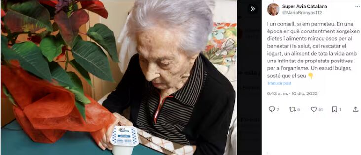 Maria Branyas, la mujer más anciana del mundo, tomada de La Nación de Argentina