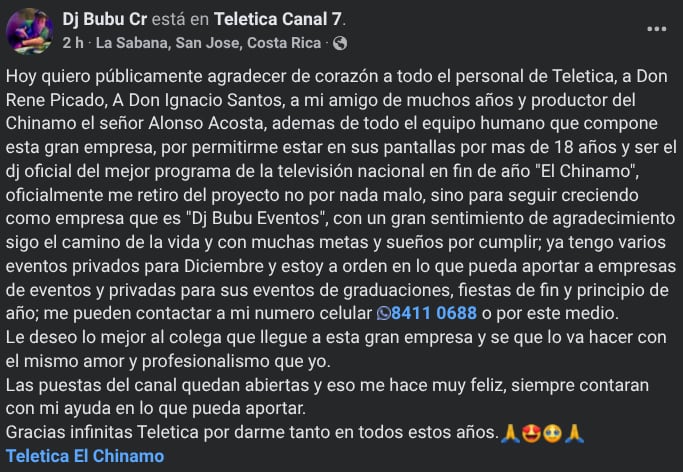 Teletica perdió este viernes a una de las principales figuras de El Chinamo, a cinco meses de que arranque la temporada 25 del programa de fin de año de canal 7.