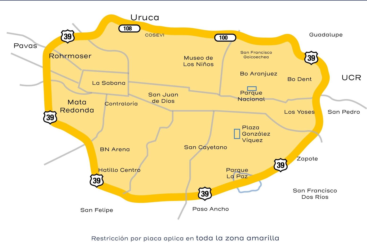 Mapa oficial del MOPT muestra la zona de San José donde aplica la restricción vehicular por número de placa, vigente de lunes a viernes entre las 6 a. m. y las 7 p. m.