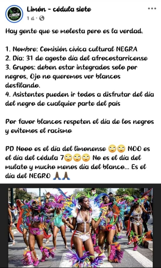 Esta es la publicación que circula en redes sociales donde piden a los limonenses blancos no asistir a la celabración del Día del afrocedenciente en la provincia de Limón.
