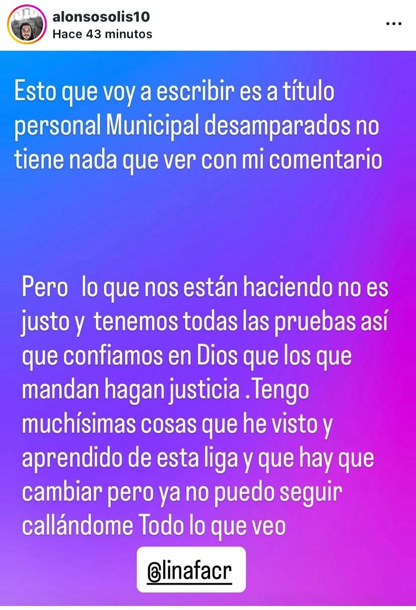 Alonso Solís hizo un fuerte reclamo en Instagram sobre el Municipal Desamparados.