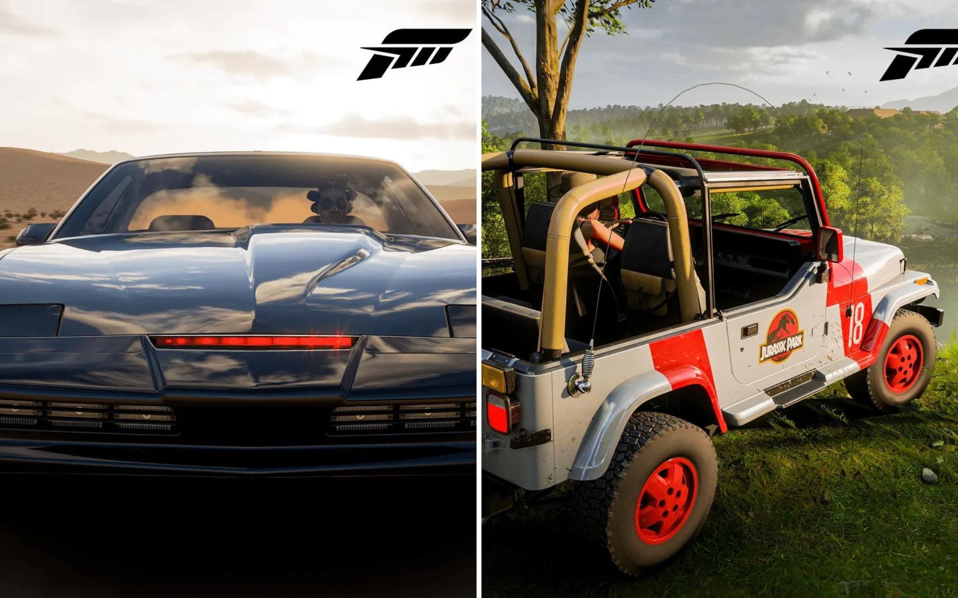 A la izquierda K.I.T.T del Auto Fantástico y a la derecha el emblemático Jeep de Parque Jurásico. Foto: Forza.net.