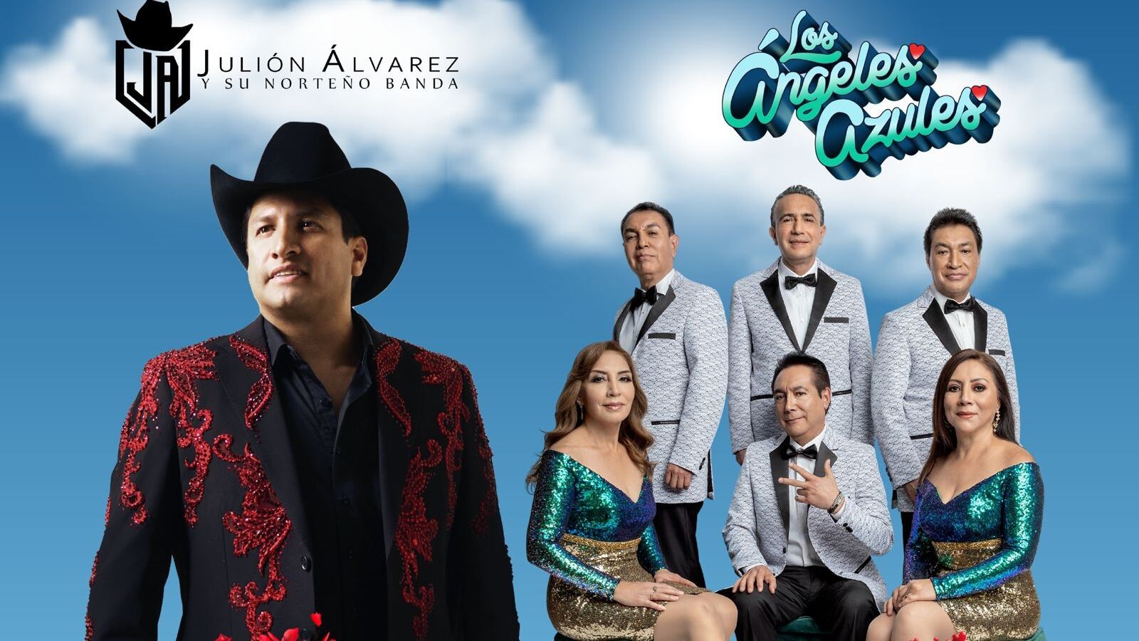 Imagen compuesta por el cantante mexicano Julión Álvarez y la agrupación también mexicana Los Ángeles Azules para promocionar el concierto que darán en Santa Cruz.