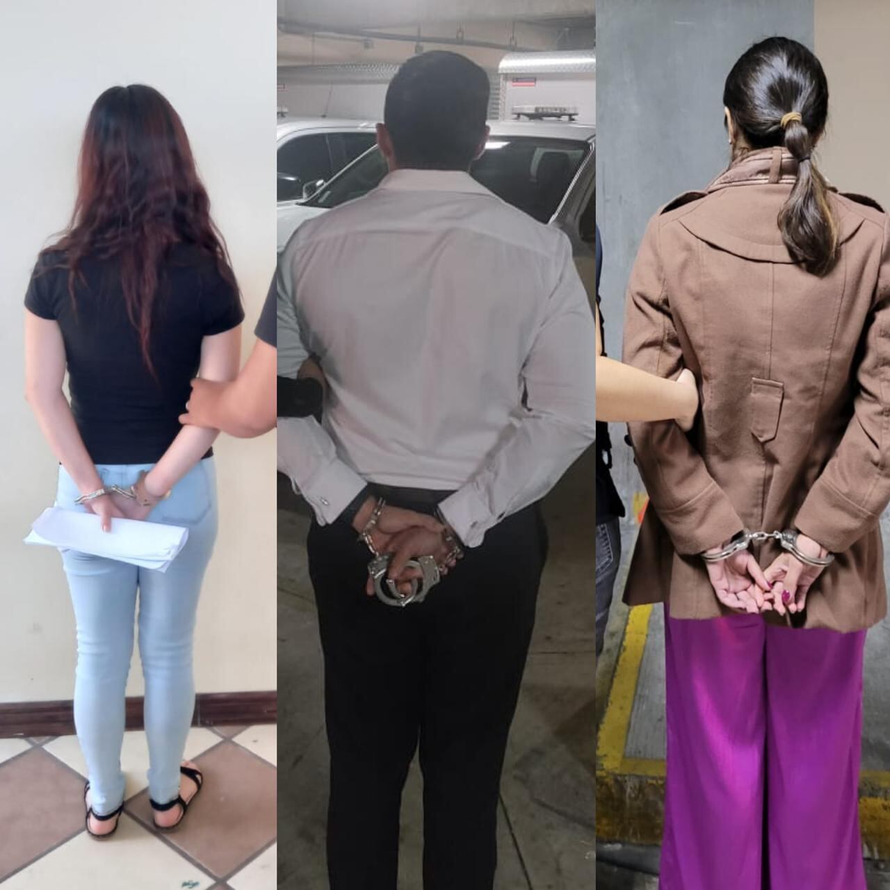 Tres fiscales de apellidos Padilla, de 43 años; Kikut, de 31 años y Ulloa, de 32 años (todas mujeres) y dos jueces de apellidos Darcia, de 30 años y Sánchez de 44 de edad detenidos por tráfico de influencias, falsedad ideológica, incumplimiento de deberes, divulgación de secretos y cohecho propio. Ellos habrían beneficiado al exjuez de la república Luis Diego Ulloa Rodríguez, asesinado el 27 de febrero del 2024. Foto: OIJ