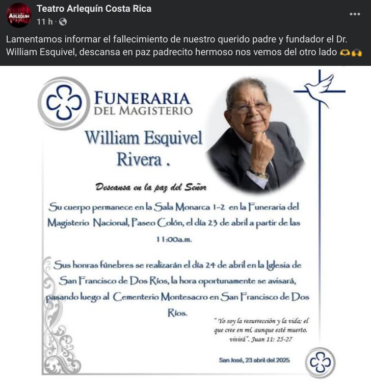 El gremio teatral costarricense está de luto con la muerte del director Willian Esquivel Rivera, fundador y propietario del teatro Arlequín, ubicado en el barrio González Lahmann, en San José.