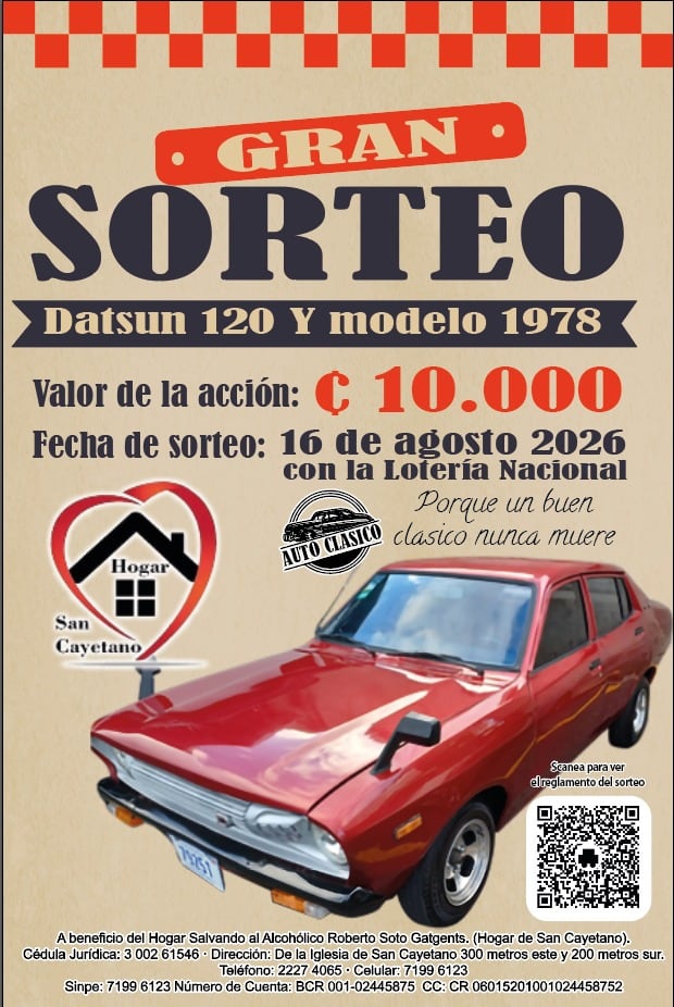 el Hogar de San Cayetano rifará nada más y nada menos que un automóvil Datsun 120Y modelo 1978. Así como lo lee, uno de los clásicos más queridos por el tico, el Datsun 120Y, además, uno de los más perseguidos.