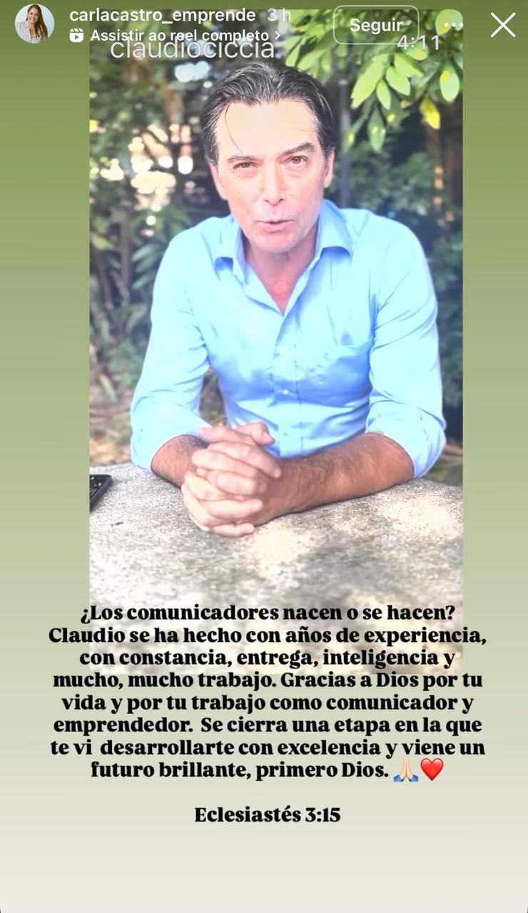 La periodista Carla Castro sorprendió a su pareja, el exjugador Claudio Ciccia, con emotivas palabras luego del anuncio del uruguayo de que dejó Teletica tras 11 años de trabajar ahí como comentarista deportivo.