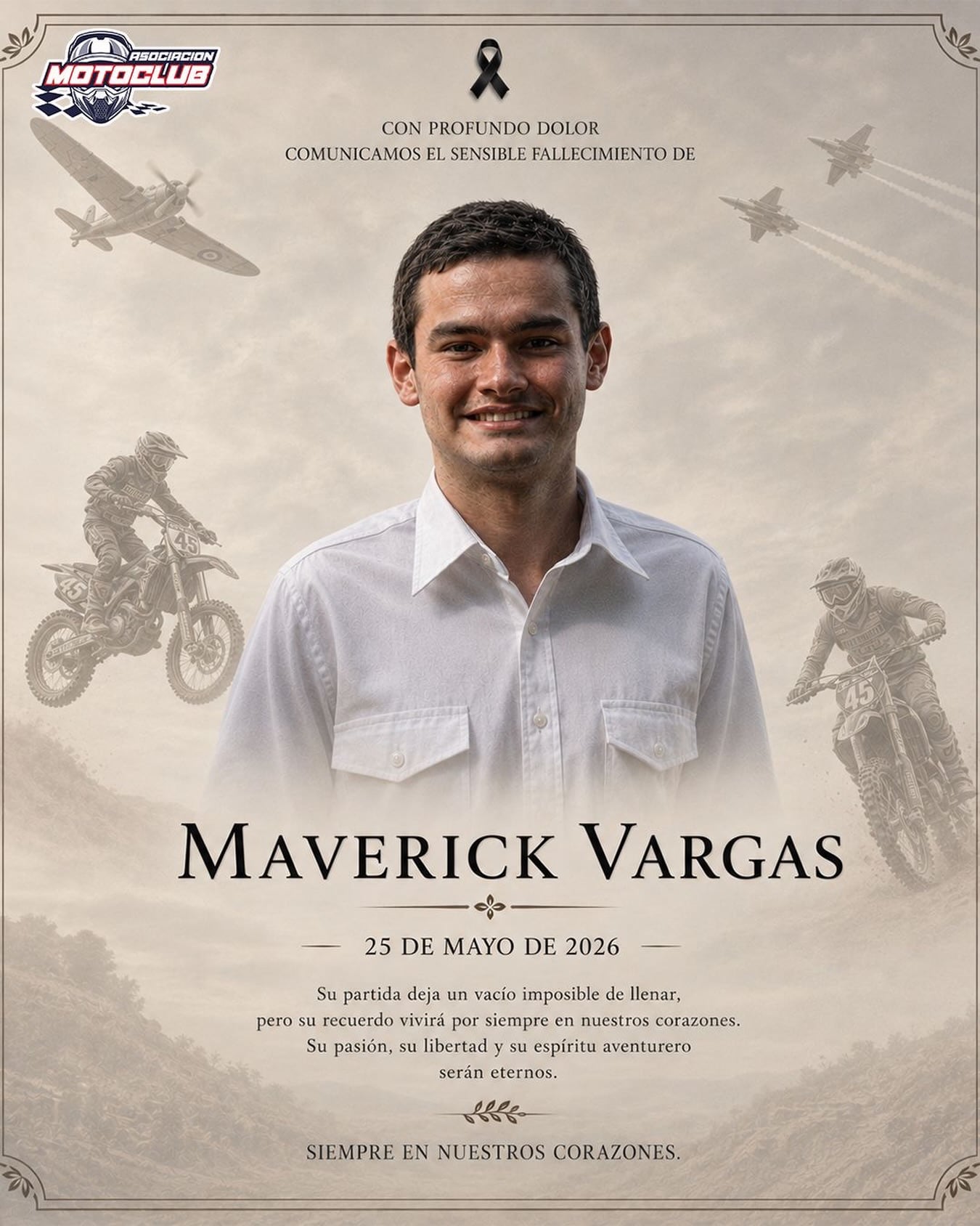 Maverick Vargas, el piloto de 30 años que falleció tras el desplome de una avioneta en Puerto Viejo de Sarapiquí, la mañana de este lunes 25 de mayo del 2026. Foto: Motoclub