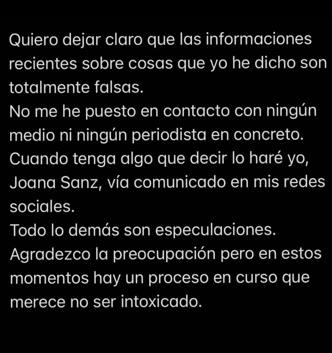Este es el comunicado que publicó Joana en su cuenta de Instagram. Captura de pantalla.