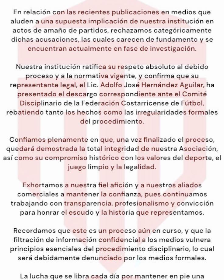 Turrialba se defendió mediante un comunicado de prensa por el presunto caso de amaño de partidos.