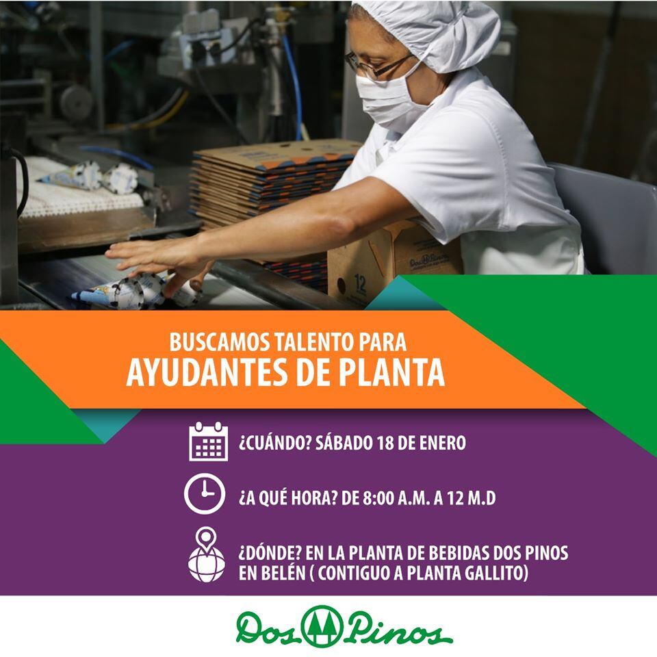 Dos Pinos busca ayudantes de planta para El Coyol de Alajuela