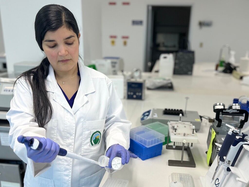 La doctora, Angie Mora Calderón, médica ginecóloga y oncóloga del Cicica-UCR, no solo hace la toma de la muestra para biopsia, sino que también, junto con un equipo de microbiólogos, tiene los resultados que le permiten hacer el reporte de las imágenes para un mejor seguimiento de las pacientes. Fotografía de Jenniffer Jiménez.