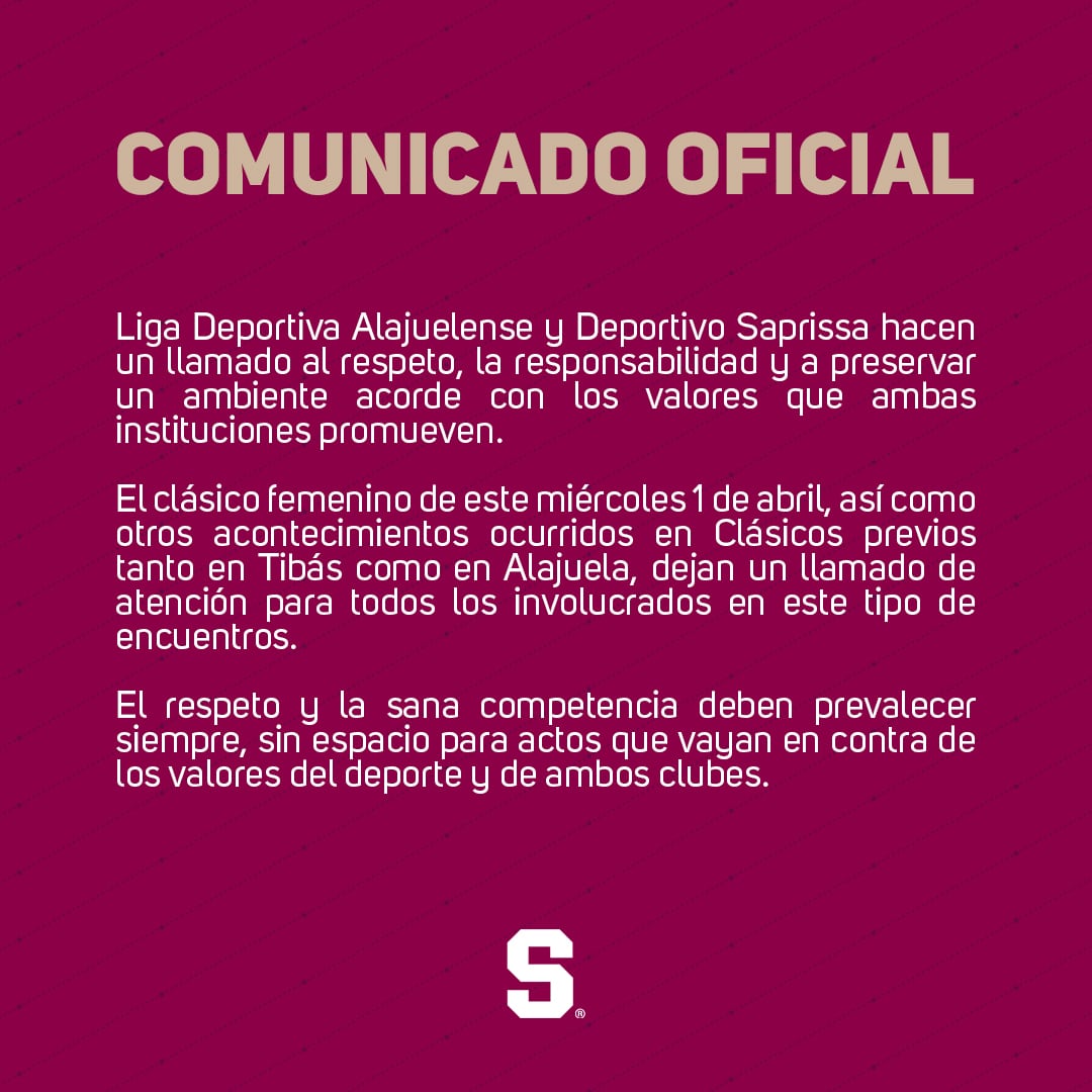 Saprissa y Alajuelense publicaron el mismo comunicado tras el clásico femenino.