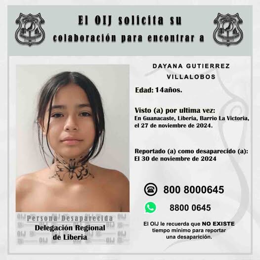 Dayana Gutiérrez Villalobos está desaparecida desde el 27 de noviembre.