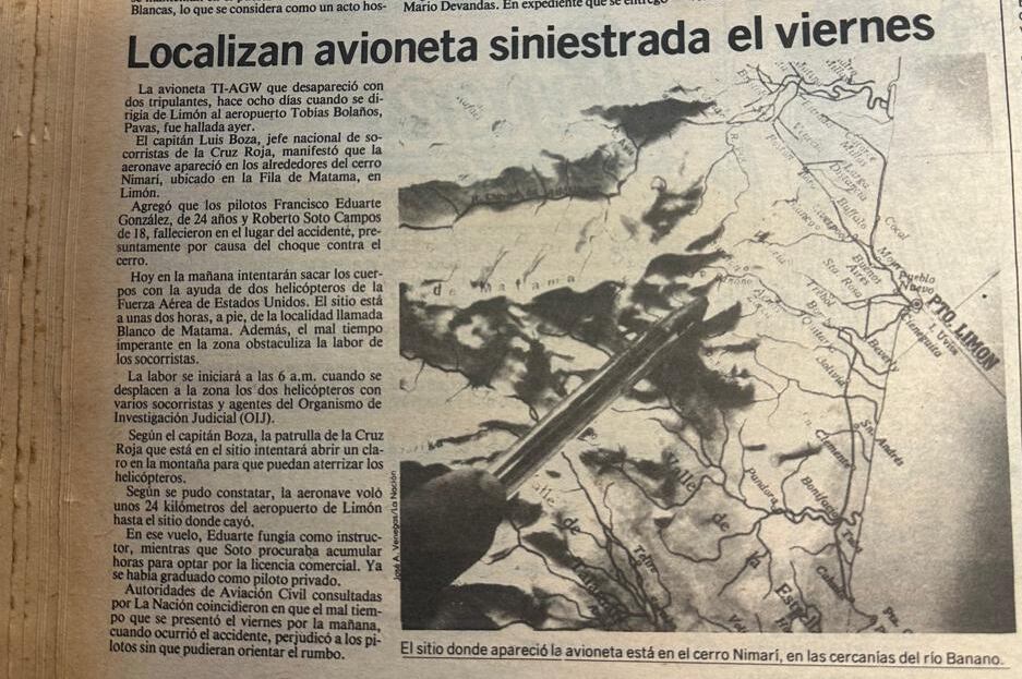 El piloto Francisco Eduarte González, de 29 años, murió el 25 de noviembre de 1983 en un accidente aéreo en cerro Nimarí en la Fila Matama en Limón. Foto: Archivo GN