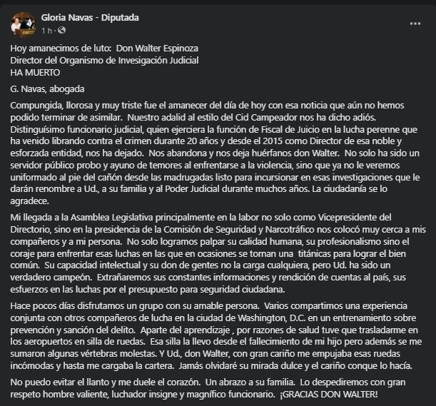 Gloria Navas sobre fallecimiento de Walter Espinoza. Tomado de Facebook.
