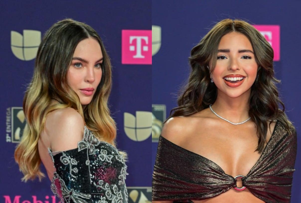 Montaje de una foto de Belinda y otra de Ángela Aguilar a su llegada a la alfombra de celebridades de Premios Lo Nuestro.