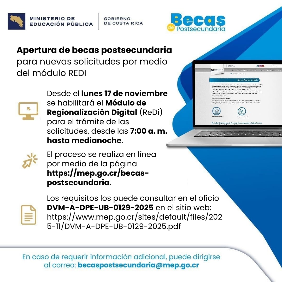 El Ministerio de Educación Pública (MEP), abrirá las puertas para otorgar el único programa de becas universitarias que tiene, el cual se llama “Becas postsecundaria”.