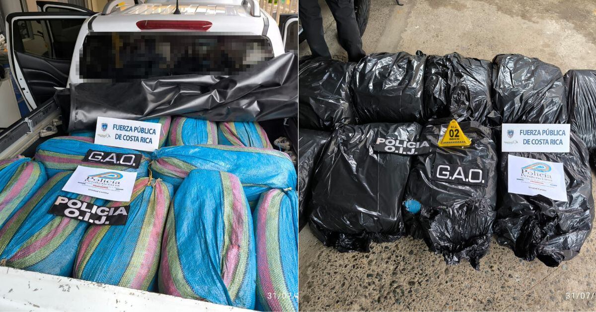 Tras una persecución en carretera de tres vehículos, oficiales de la Fuerza Pública detuvieron a tres hombres, quienes transportaban en uno de los carros 550 kilogramos de marihuana en sacos y bolsas de basura. Los hechos ocurrieron este miércoles en Pérez Zeledón. (Foto: MSP) (MSP)