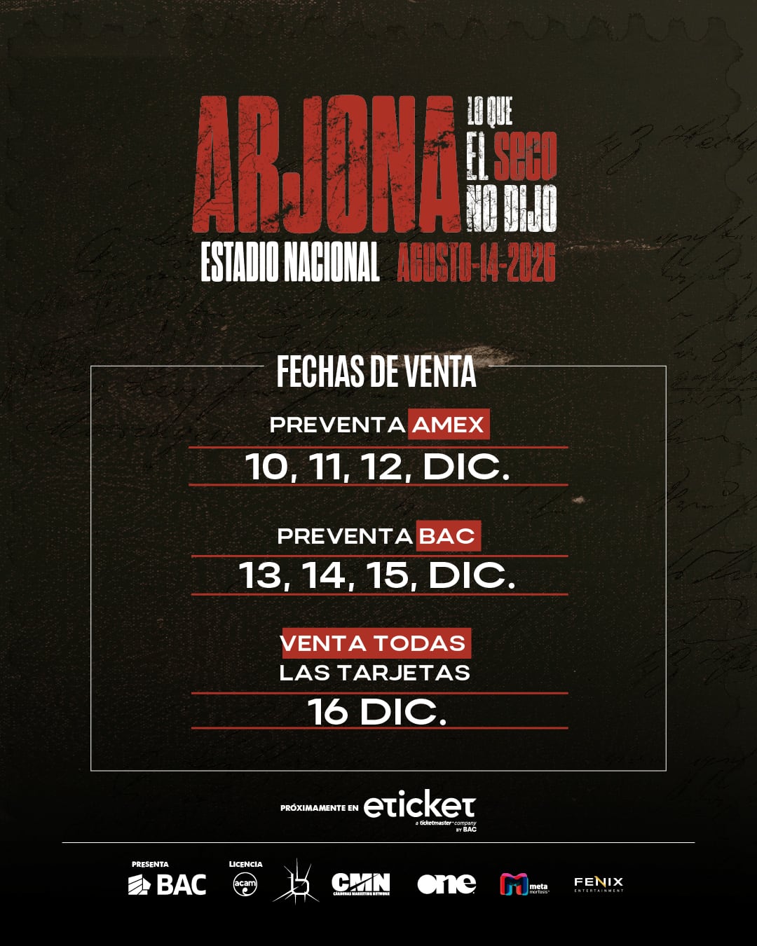 Ricardo Arjona confirma concierto en Costa Rica para el 14 de agosto de 2026.